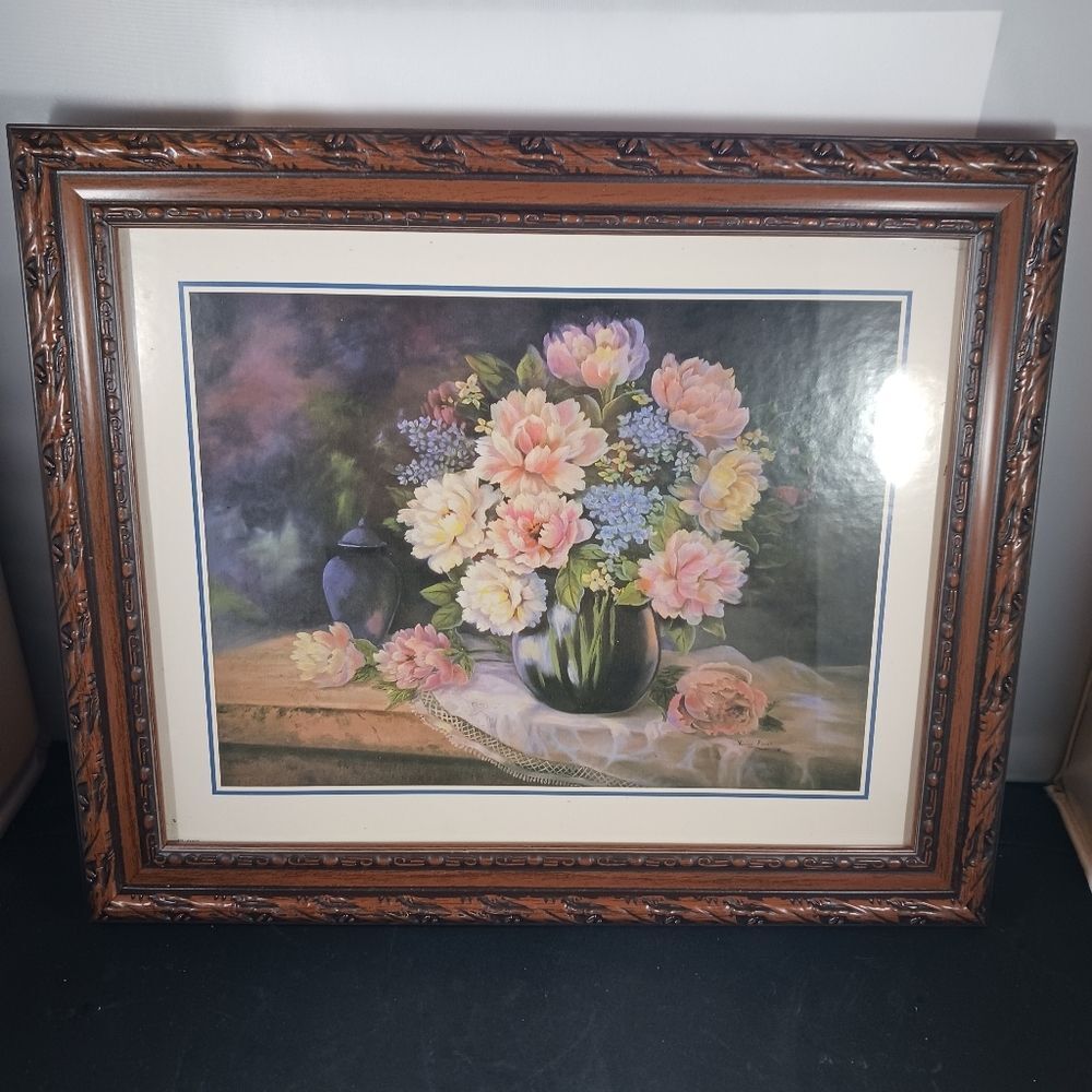 Vintage Flower Print Picture Framed 11.5in x 9.5in
